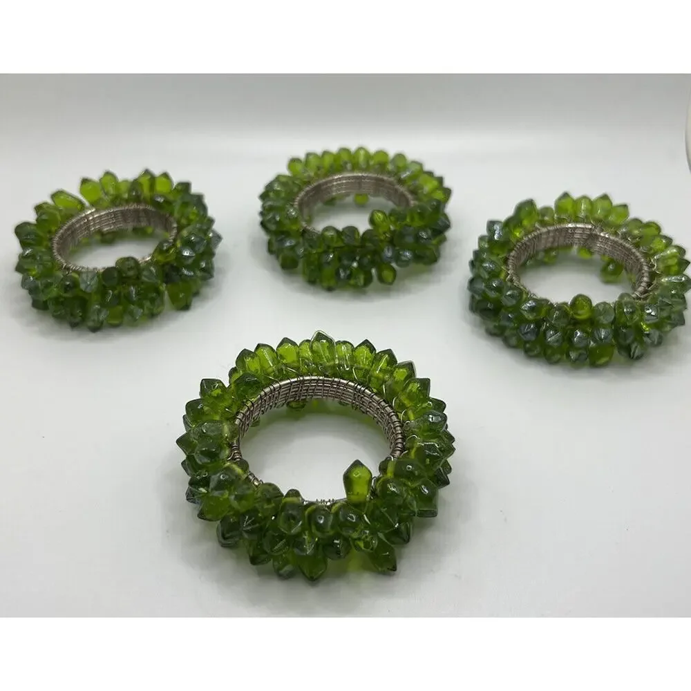 NOS Set Of 4 Green Beads Wired Napkin Rings